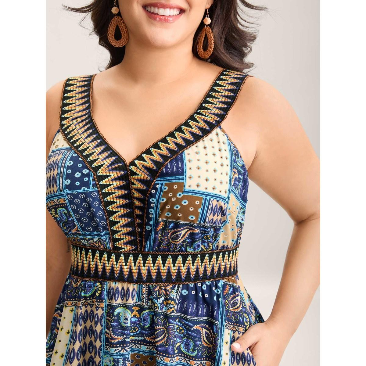 Plus Size Boho Print Webbed Neck Midi Dress Navy Women V-neck Sleeveless Curvy BloomChic 14-16/1X Product Image