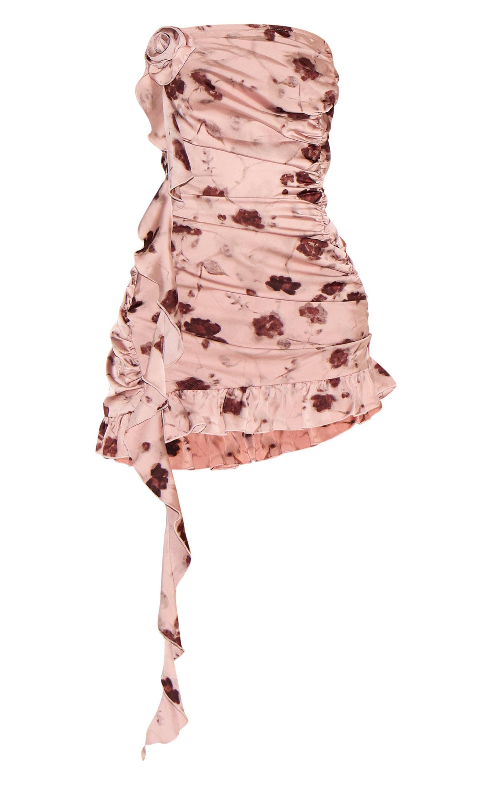 Light Pink Floral Satin Rose Detail Mini Dress Product Image