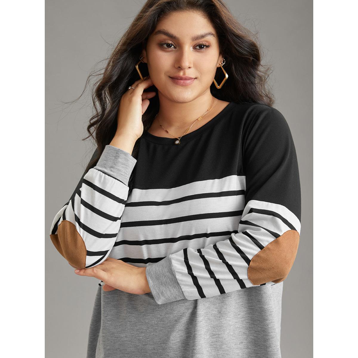 Plus Size Striped Patchwork Contrast Slight Crew Neck Sweatshirt Women Black Casual Contrast Round Neck Dailywear Sweatshirts BloomChic 18-20/2X Product Image