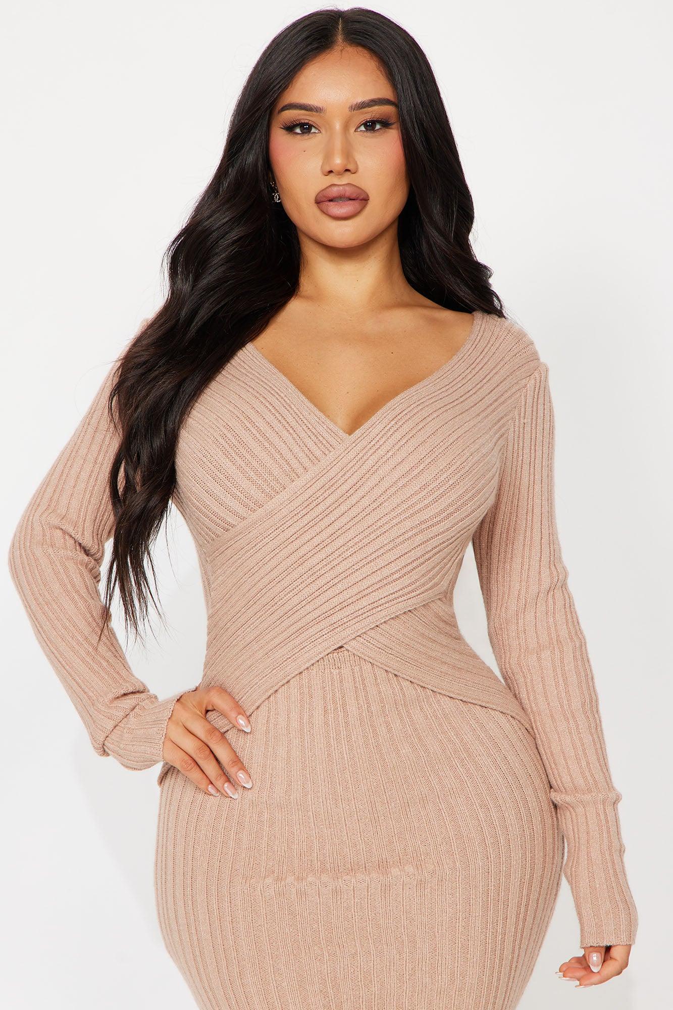 Crossed Paths Sweater Midi Dress - Taupe Product Image