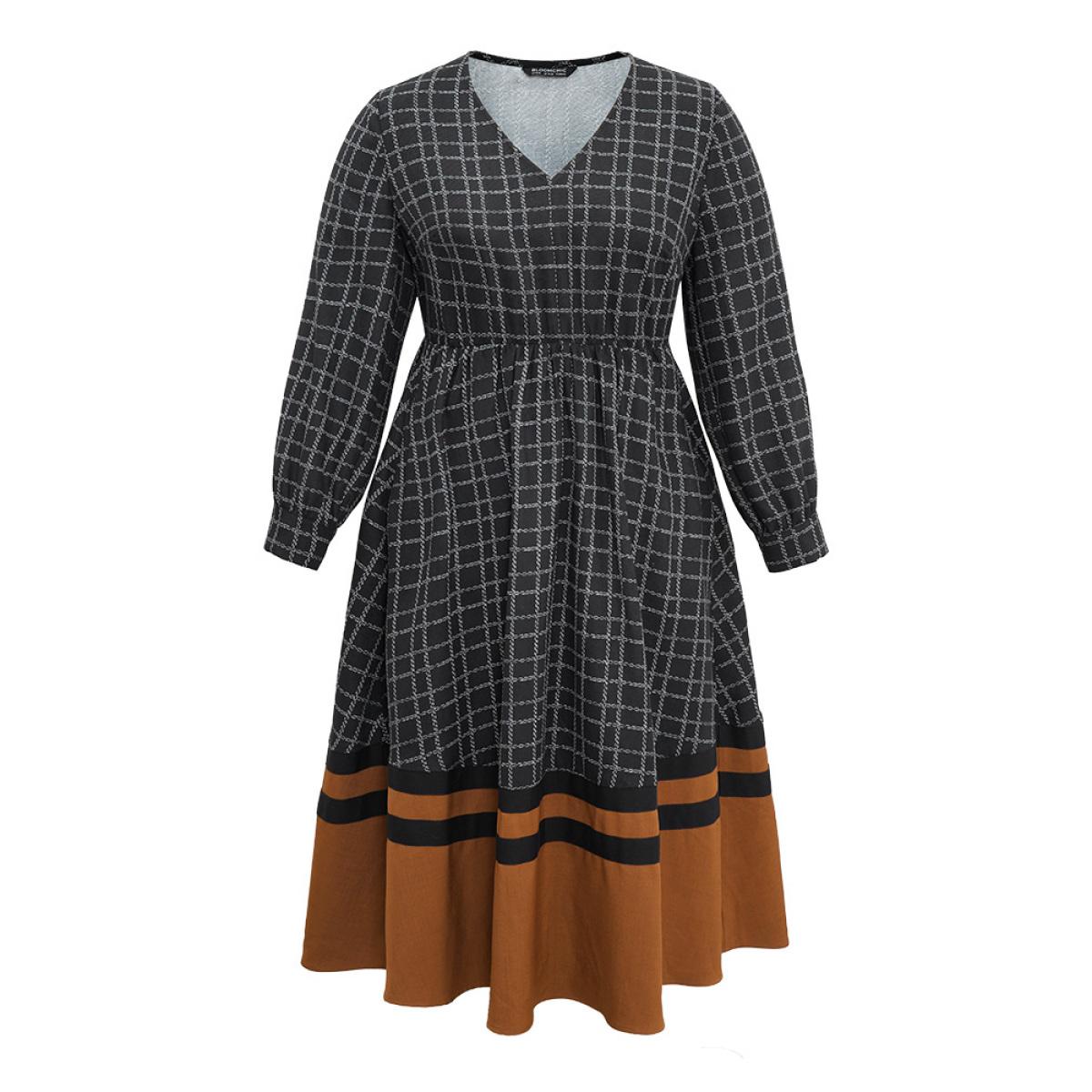 Plus Size Gingham Gingham Patchwork Pocket Gathered Dress Black Women Office Contrast V-neck Long Sleeve Curvy Midi Dress BloomChic 14-16/1X Product Image