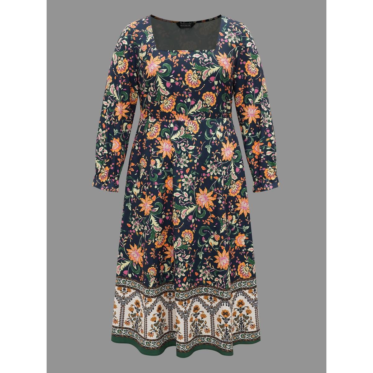 Plus Size Square Neck Floral Boho Print Midi Dress Black Women Resort Ruffles Square Neck Long Sleeve Curvy BloomChic 10/M Product Image