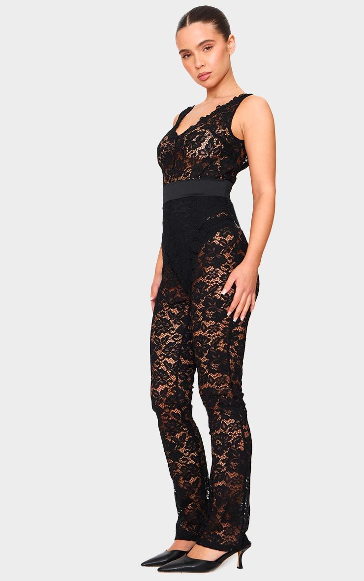 Petite Black Lace Ribbon Detail Straight Leg Jumpsuit Product Image