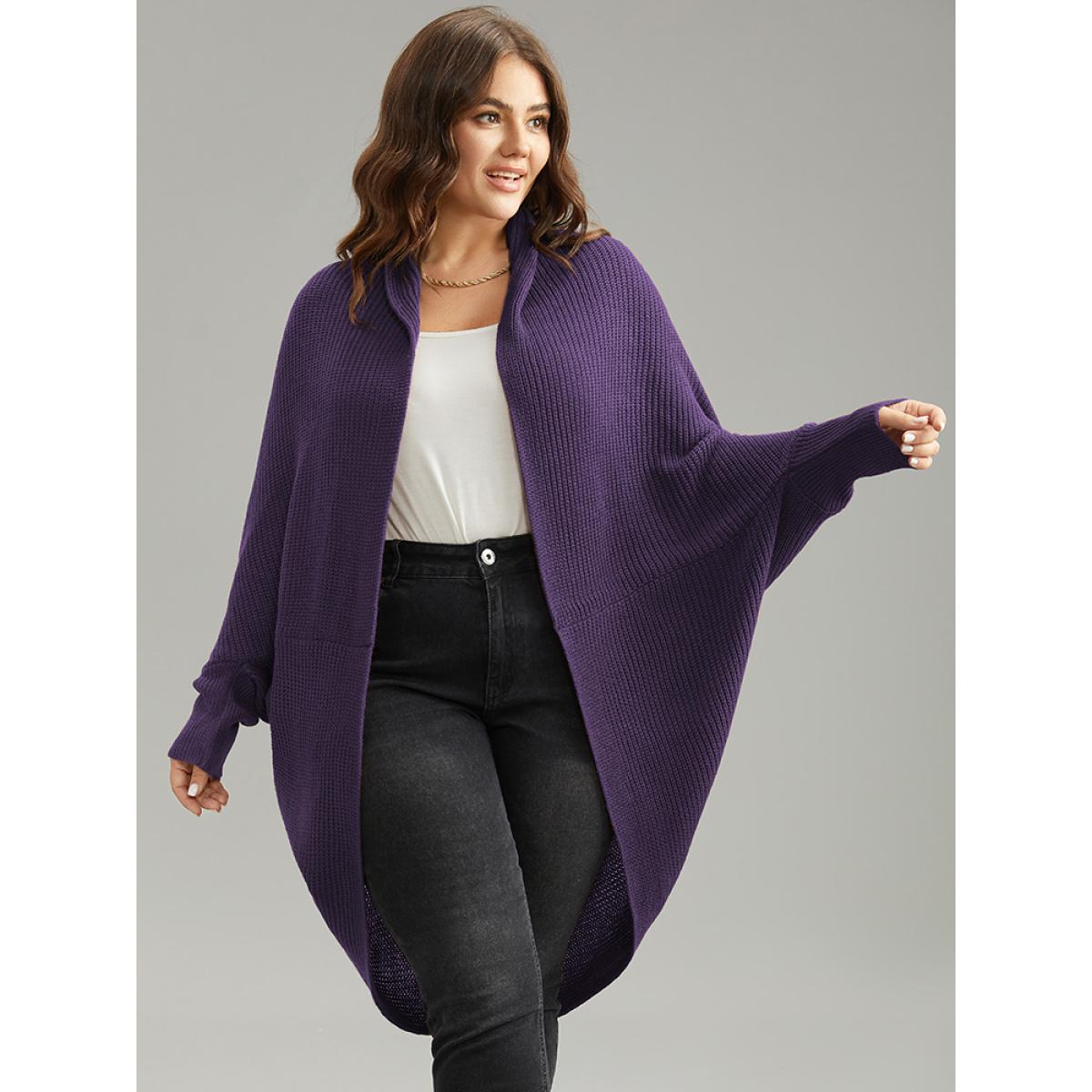 Plus Size Solid Dolman Sleeve Arc Hem Cardigan Eggplant Women Casual Loose Long Sleeve Dailywear Cardigans BloomChic 22-24/3X Product Image