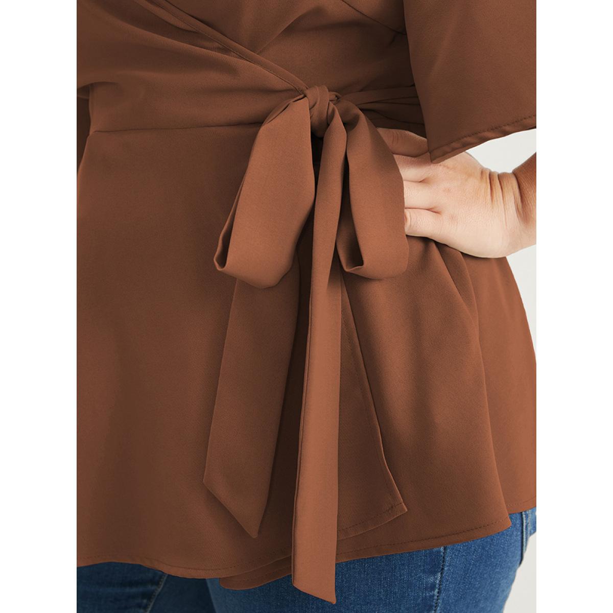 Plus Size Chocolate Plain Ruffles Button Belted Wrap Babydoll Blouse Women Elegant Short sleeve V-neck Dailywear Blouses BloomChic 18-20/2X Product Image