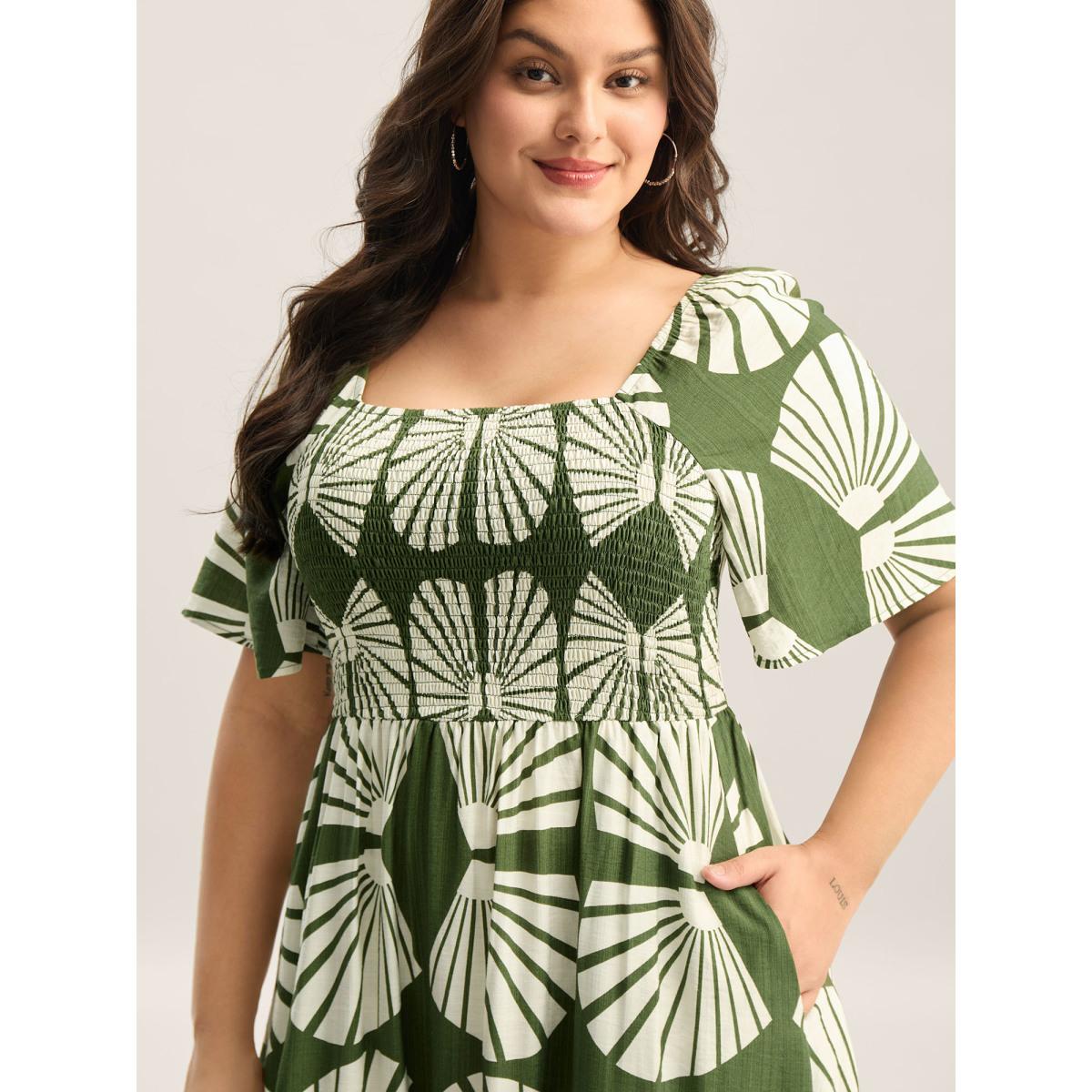 Plus Size Geometric Print Square Neck Cinched Midi Dress Moss Women Square Neck Short sleeve Curvy BloomChic 30/6X Product Image