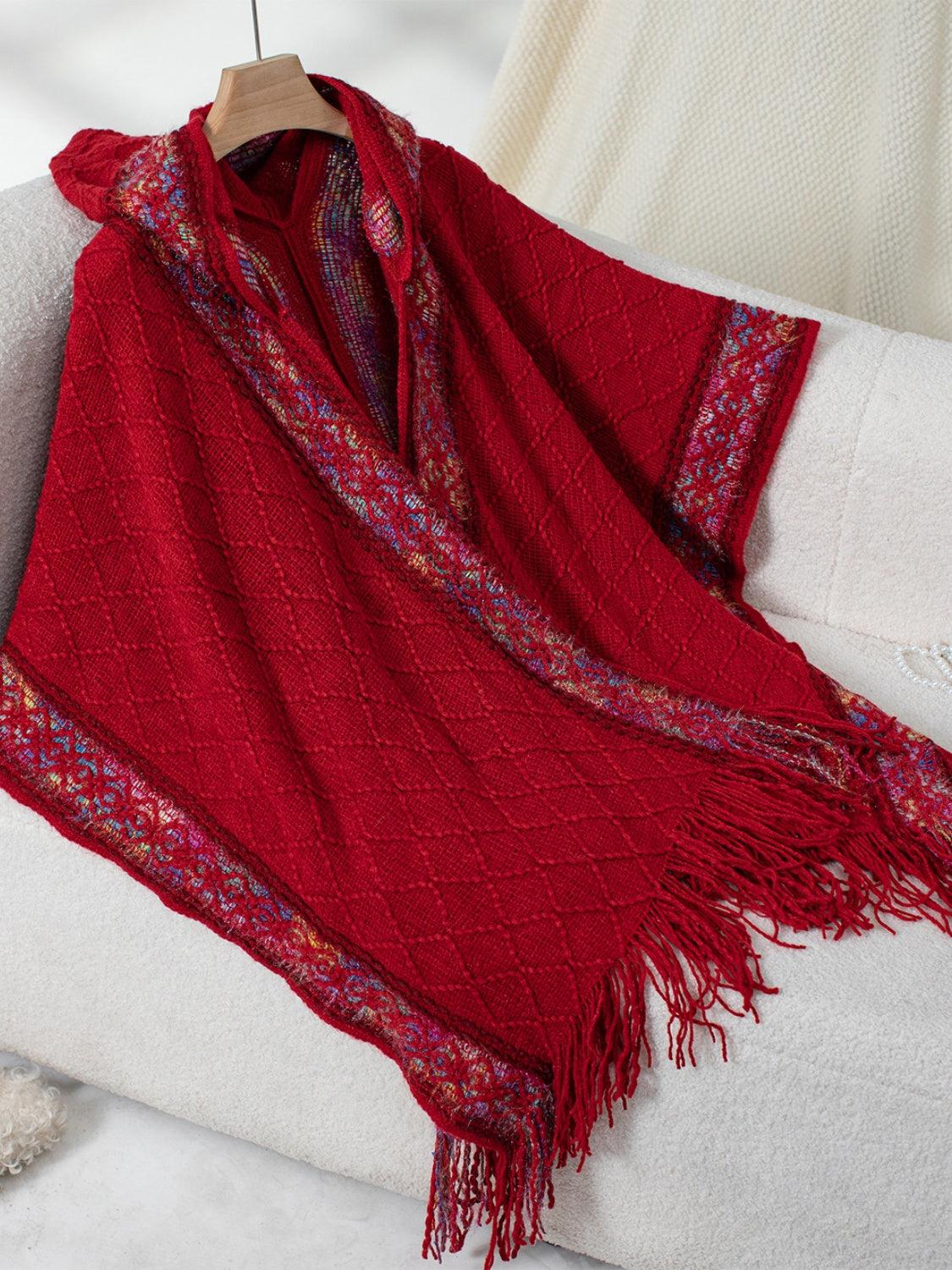 Fringe Half Sleeve Hooded Poncho Product Image