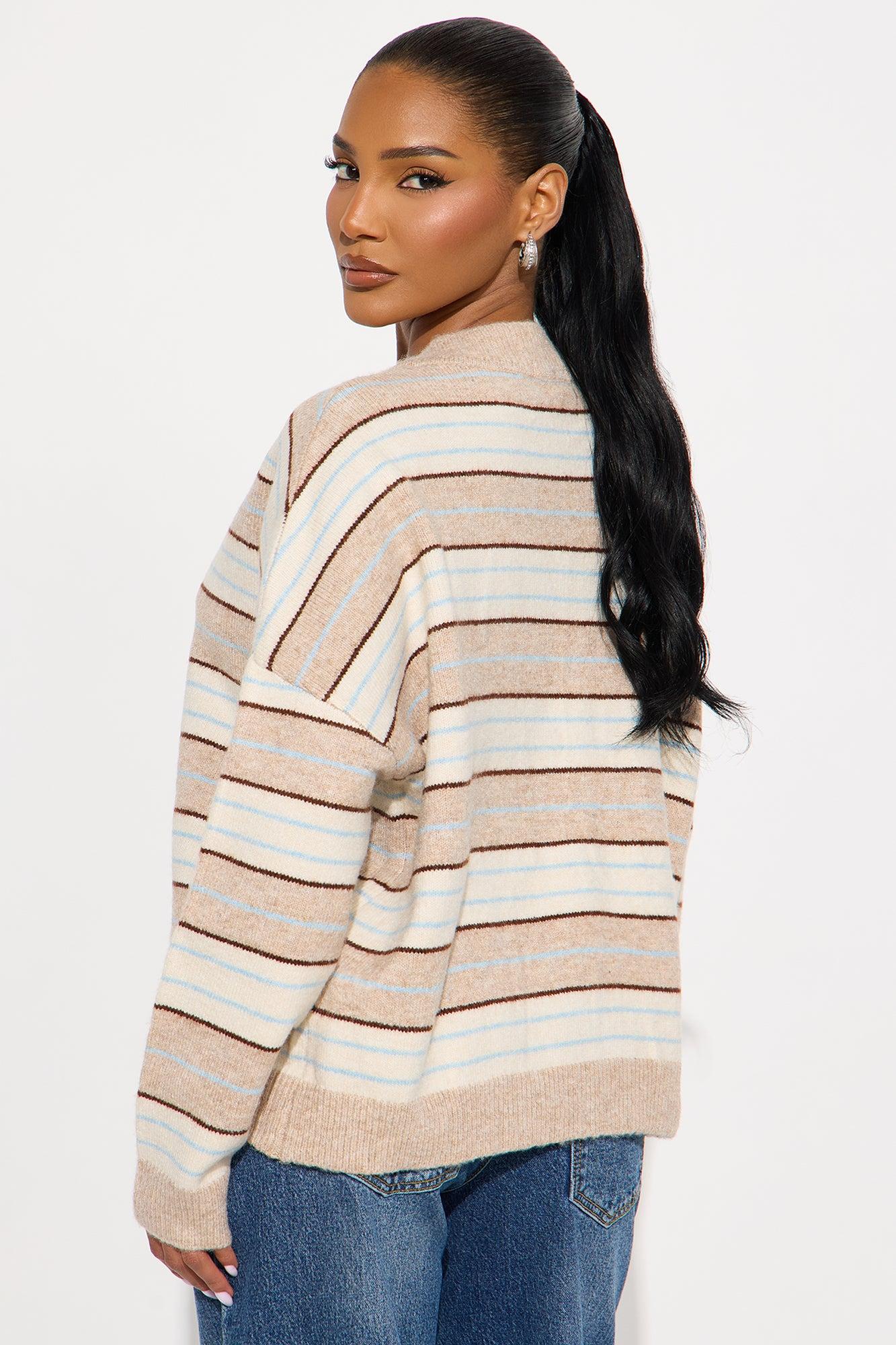 Feeling Striped V Neck Pullover Sweater - Taupe/combo Female Product Image
