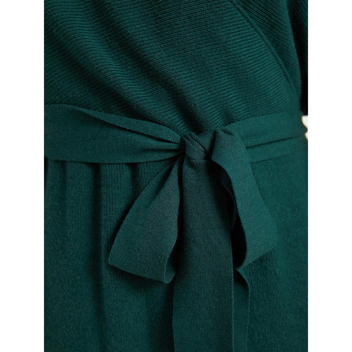 Plus Size Supersoft Essentials Solid Belted Split Batwing Sleeve Sweater Dress DarkGreen Women Casual Loose Long Sleeve Dailywear Sweater Dresses BloomChic 28/5X Product Image