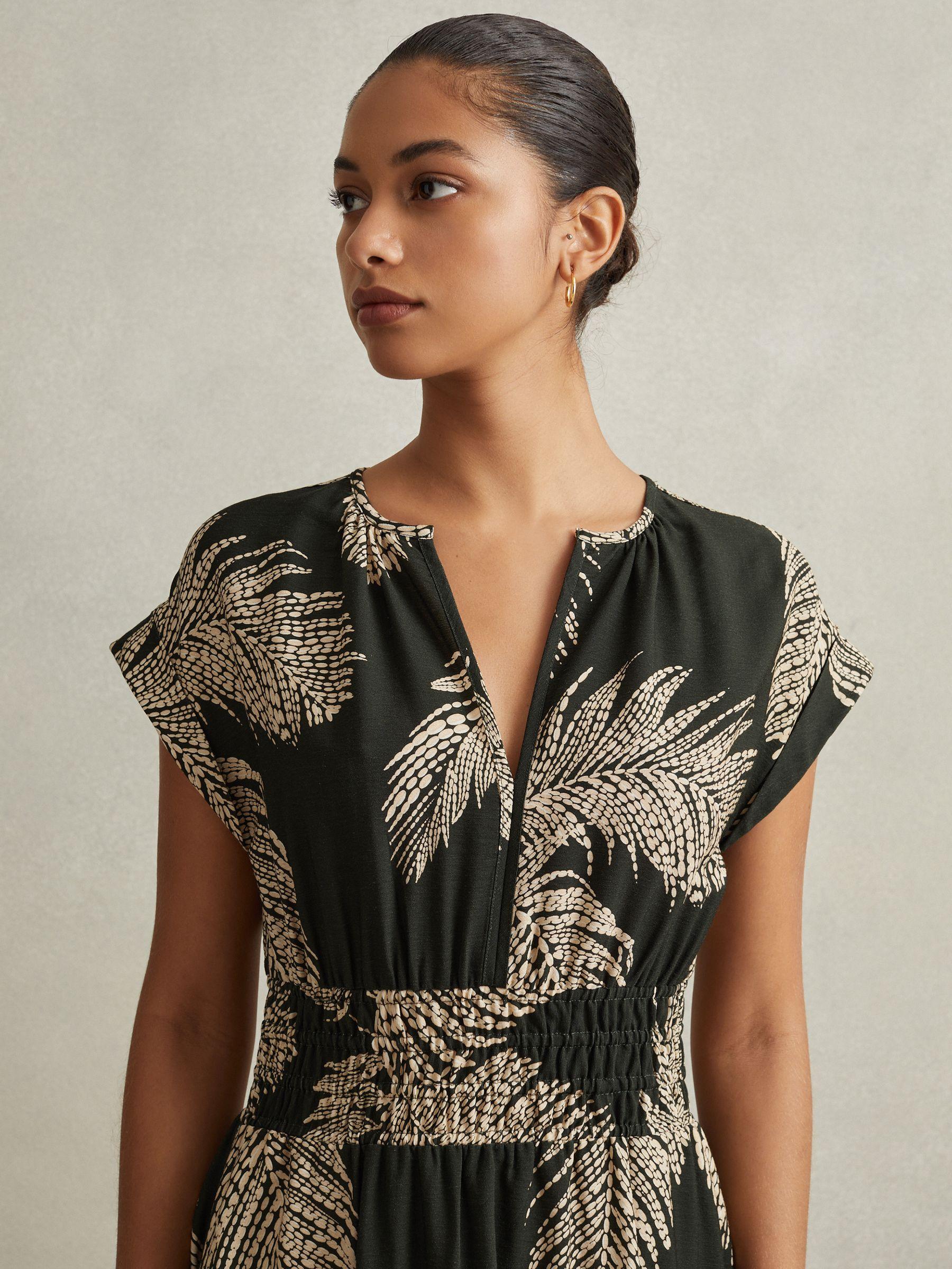 Tropical Print Elasticated Waist Midi Dress in Khaki Product Image