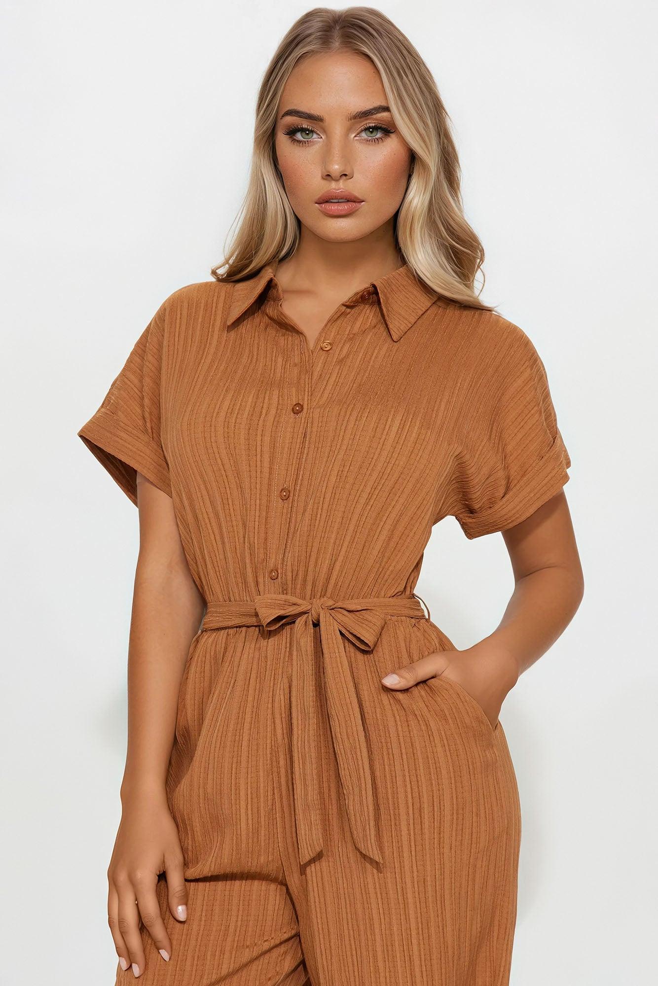 Pamela Collared Jumpsuit - Brown Female Product Image