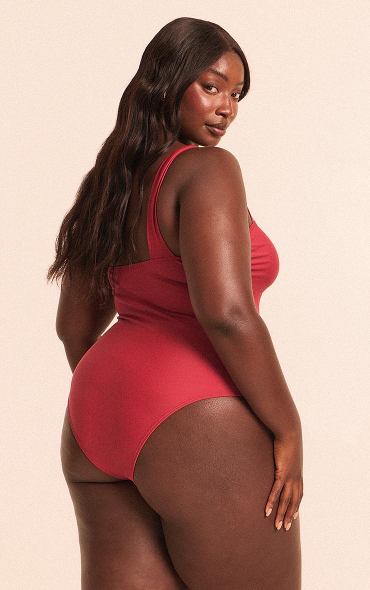 Plus Deep Red Underwired U Bar Ruched Cup Swimsuit Product Image