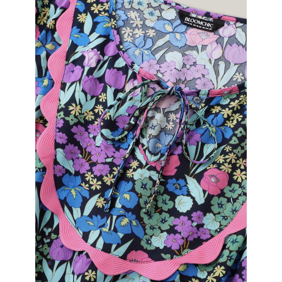 Plus Size Floral Contrast Webbing Neck Tie Midi Dress BlackFlower Women Elegant Woven ribbon&lace trim Flat collar with V-notch Short sleeve Curvy BloomChic 18-20/2X Product Image