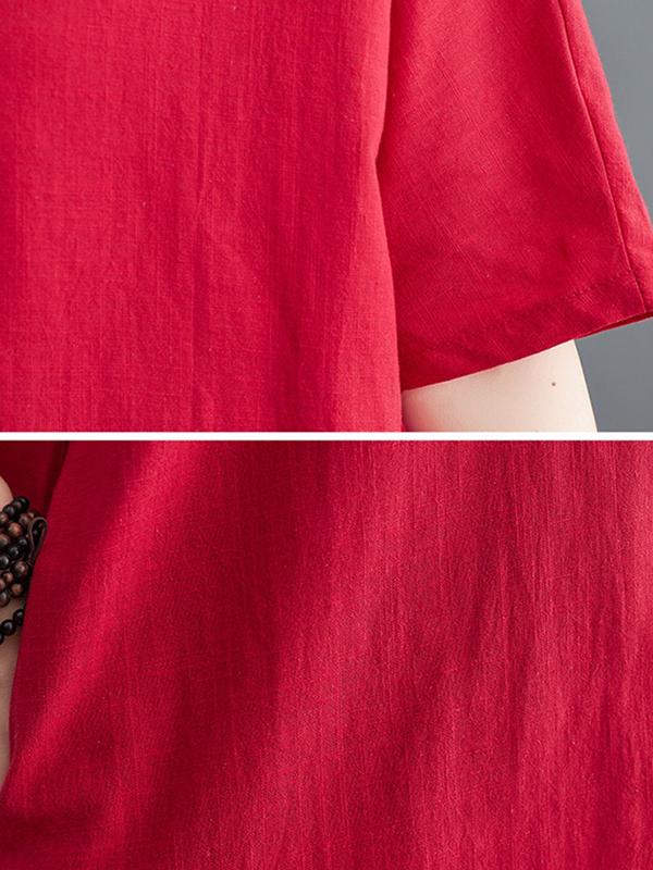 A-Line Loose Chinese Frog Buttons Pockets Solid Color Split-Side V-Neck Midi Dresses Product Image