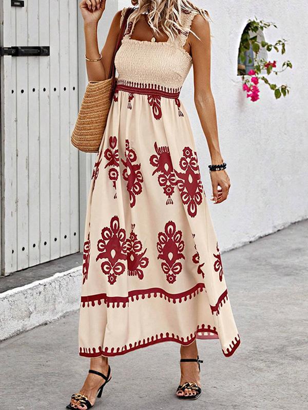 A-Line Loose Elasticity Pleated Printed Split-Joint Square-Neck Maxi Dresses Product Image