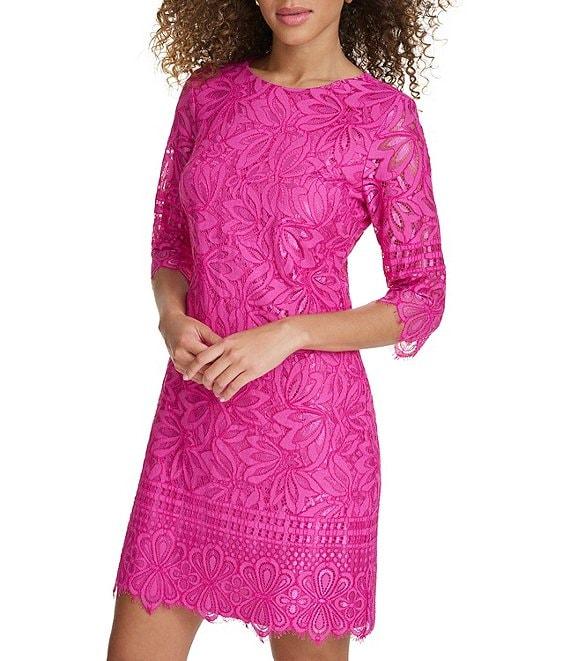 Kensie 3/4 Illusion Sleeve Contrasting Corded Floral Lace Scalloped Hem Sheath Dress Product Image