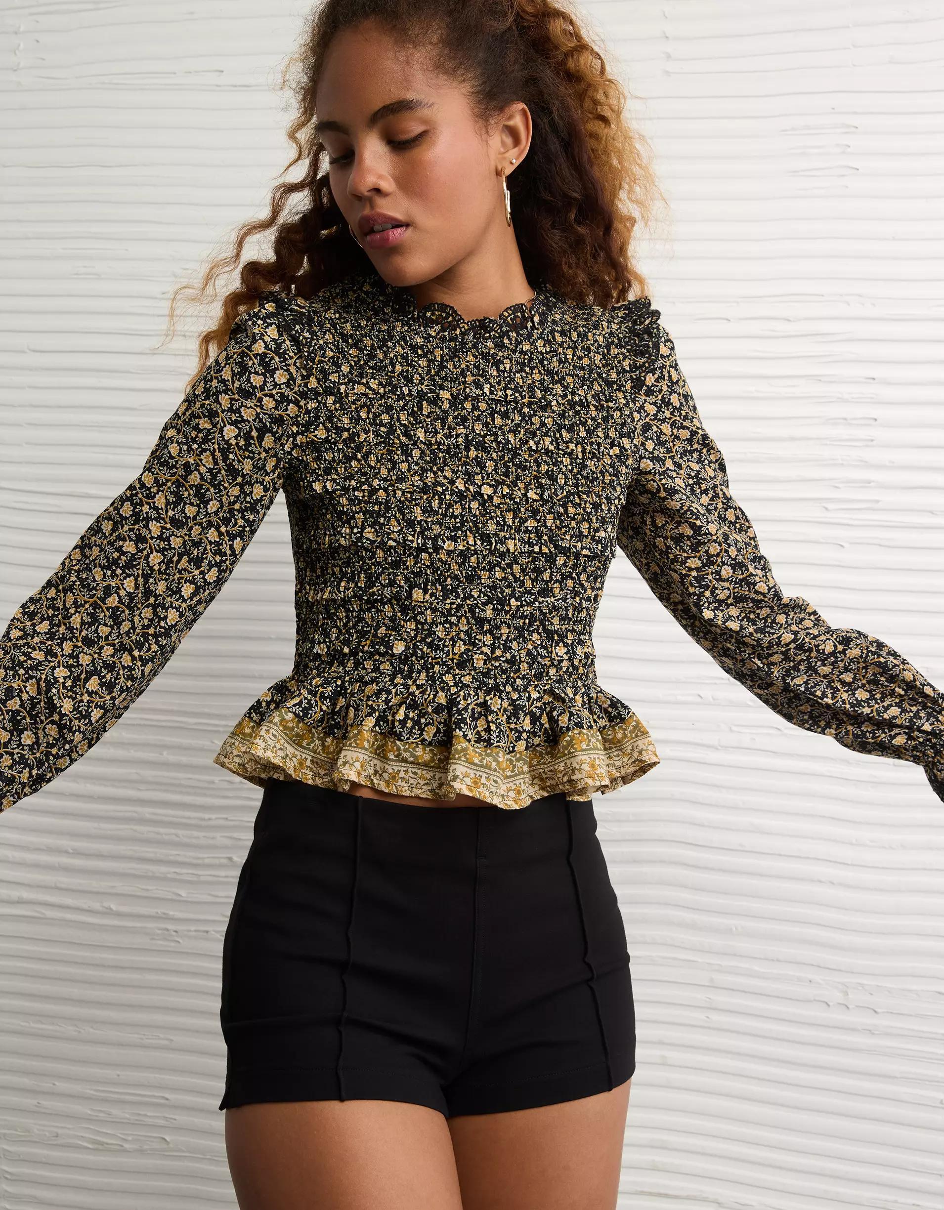 AE Long Sleeve Smocked Babydoll Blouse Product Image