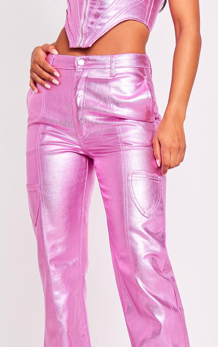 Pink Metallic Denim Stitch Detail Straight Leg Jeans Product Image