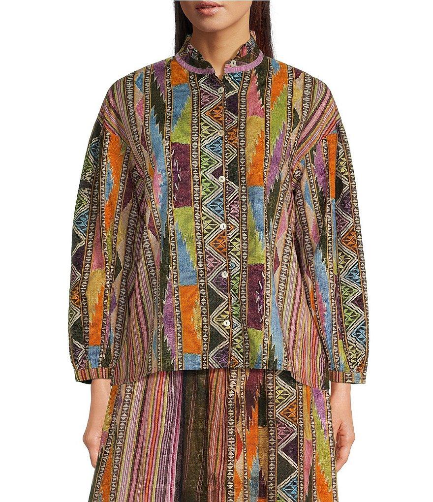 Ro's Garden Jeremy Woven Print Mock Neck Long Balloon Sleeve Button Front Coordinating Blouse Product Image