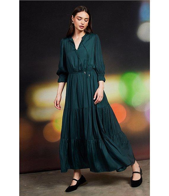 Skies Are Blue Split Tie Neck 3/4 Sleeve Tiered Ruffle Maxi Dress Product Image