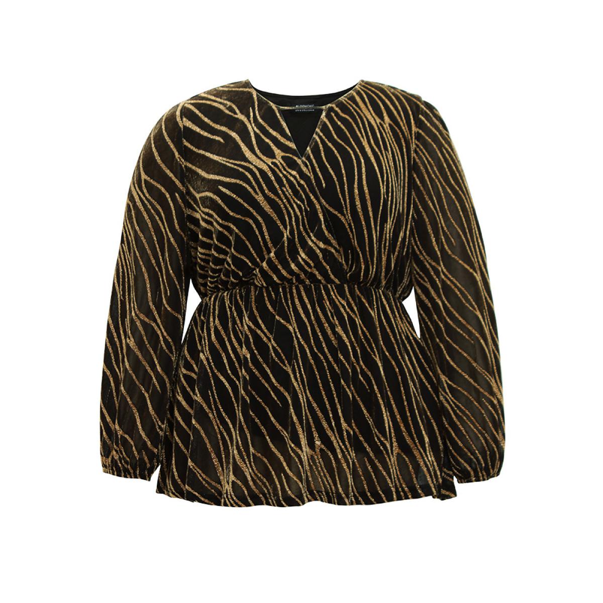 Plus Size Gold Glitter Striped Mesh Keyhole Lantern Sleeve Blouse Women Cocktail Long Sleeve Keyhole Cut-Out Party Blouses BloomChic 12/L Product Image