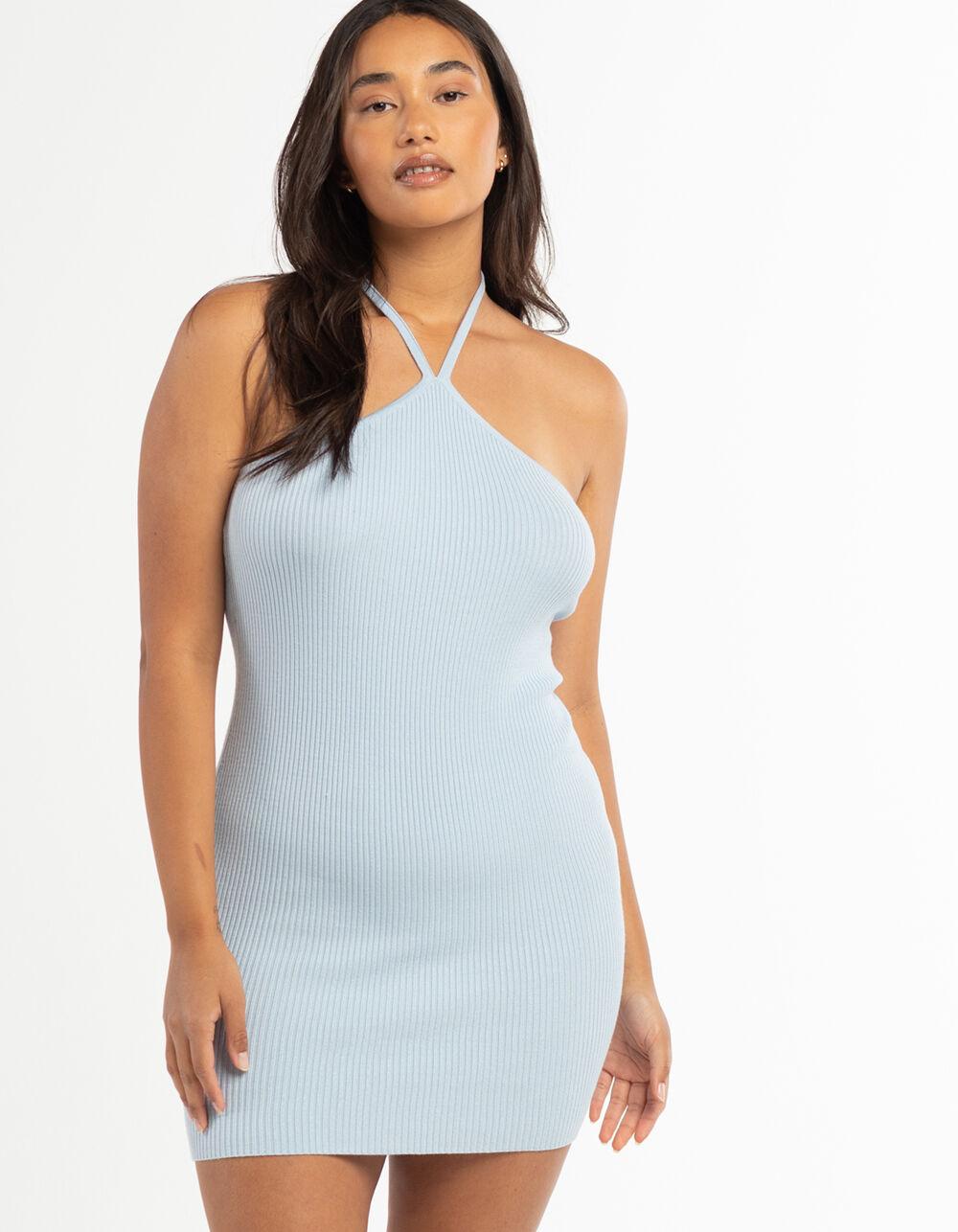 FULL TILT Solid Halter Dress - LIGHT BLUE Product Image