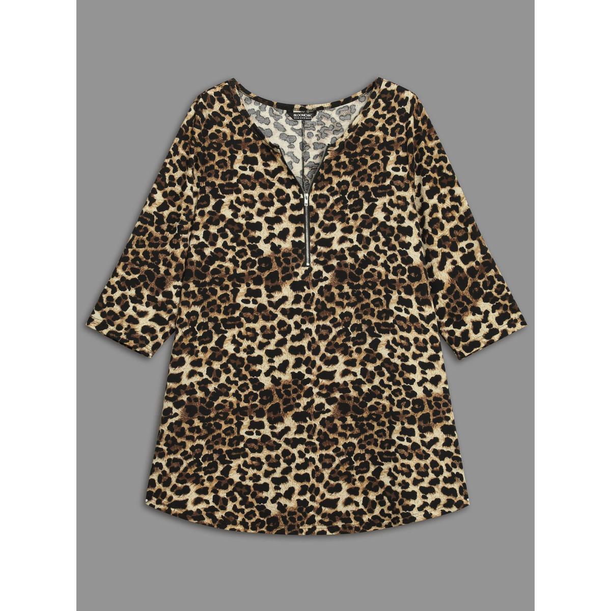 Plus Size Leopard Print Half Zipper Arc Hem T-shirt Leopard Women Casual Non Round Neck Loose Everyday T-shirts BloomChic 28/5X Product Image