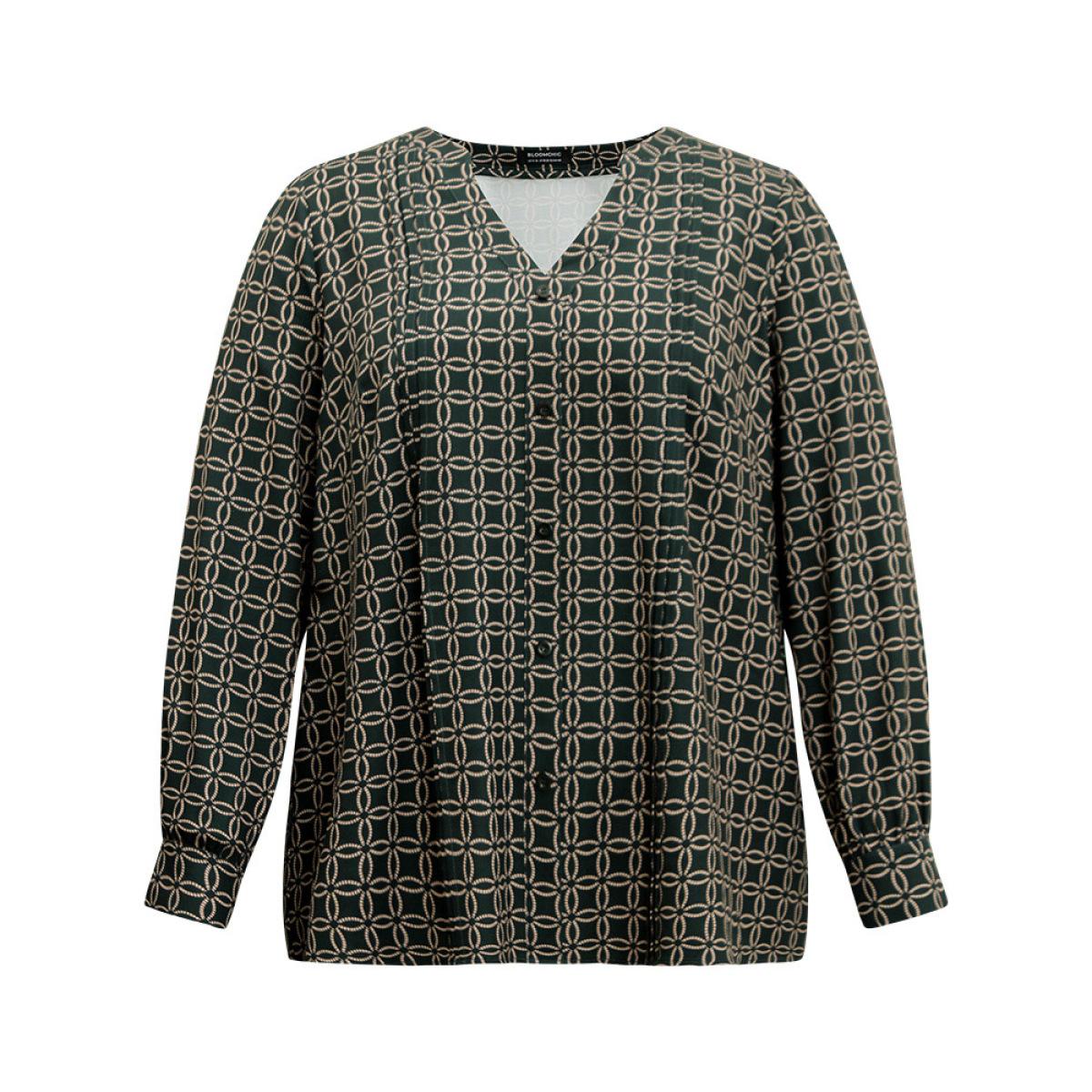 Plus Size ArmyGreen Geometric Graphic Pleated Detail Blouse Women Office Long Sleeve V-neck Work Blouses BloomChic 14-16/1X Product Image