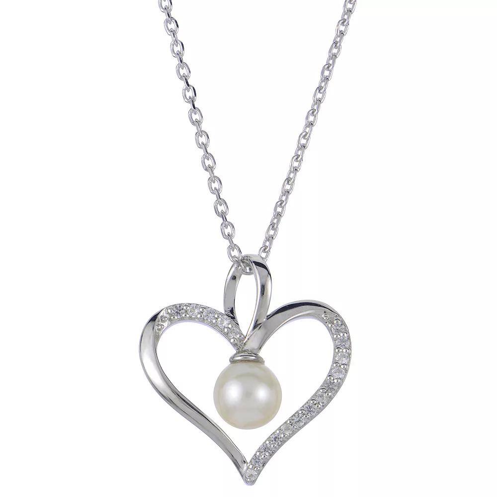 PearLustre by Imperial Sterling Silver Freshwater Cultured Pearl & Lab-Created White Sapphire Heart Pendant Necklace, Womens Product Image
