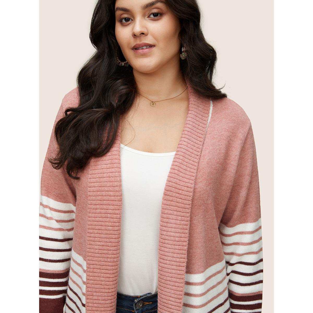 Plus Size Striped Colorblock Contrast Lapel Collar Cardigan Watermelon Women Casual Loose Long Sleeve Dailywear Cardigans BloomChic 12/L Product Image