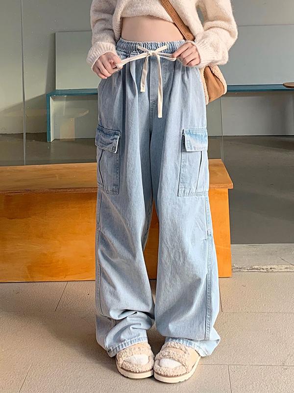 Light Wash Multi Pocket Drawstring Cargo Jeans Product Image