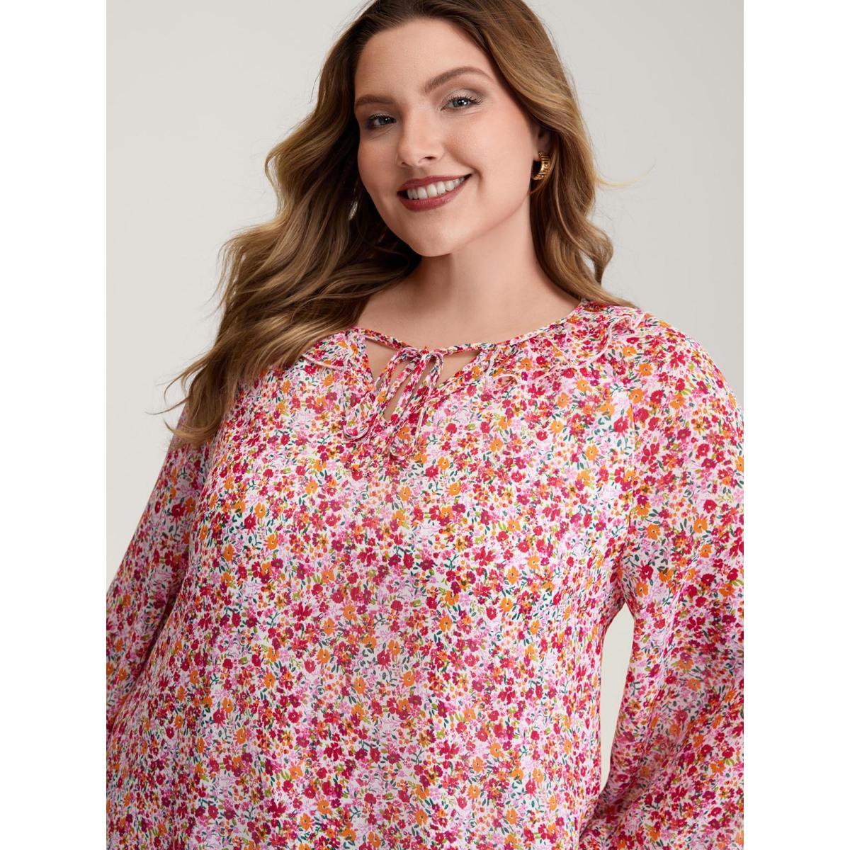 Plus Size Ivory Sweet Floral Print Ruffled Neck Blouse Women Timeless Long Sleeve V-neck Elegant Blouses BloomChic 18-20/2X Product Image