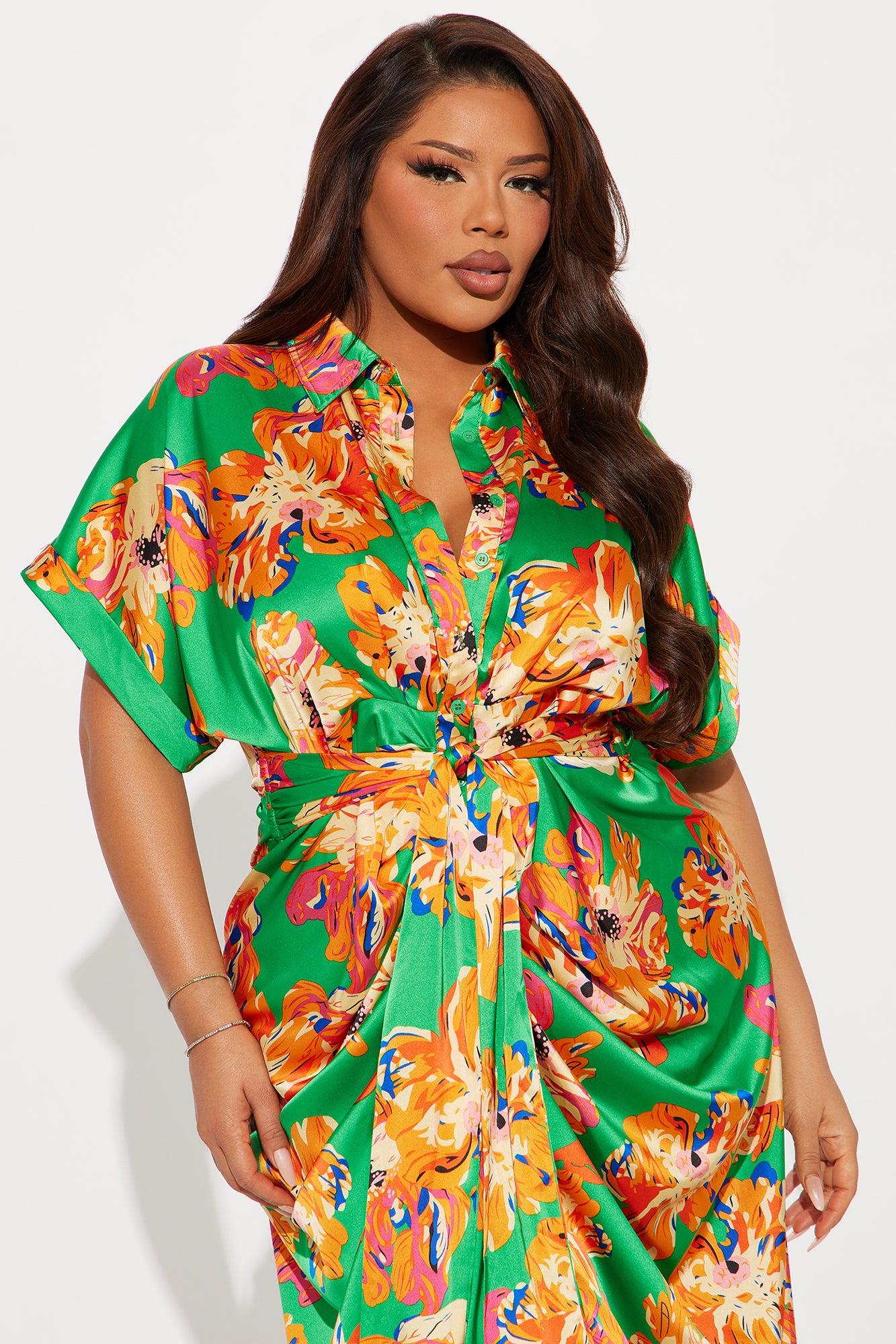 Morning Sunrise Floral Satin Midi Dress - Green/combo Product Image