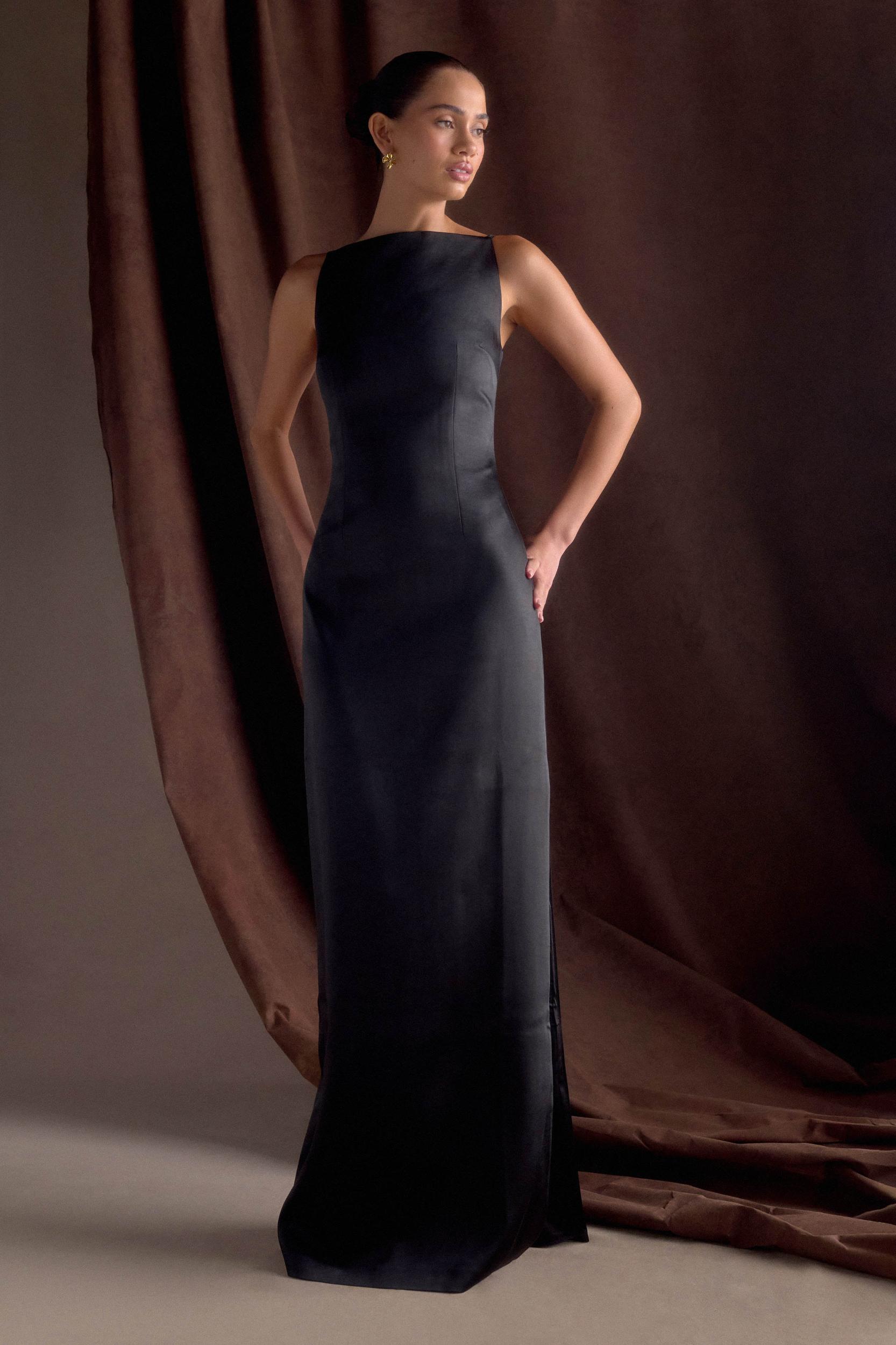 Violet Sleeveless Satin Maxi Dress - Dark Chocolate Product Image