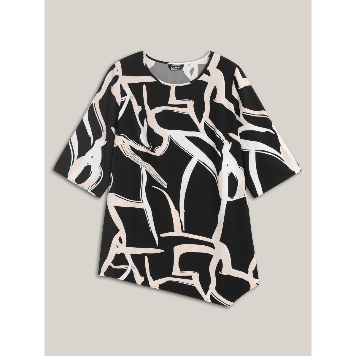 Plus Size Black Asymmetrical Line Print Hi Low Hem Blouse Women At the Office Elbow-length sleeve Round Neck Work Blouses BloomChic 30/6X Product Image