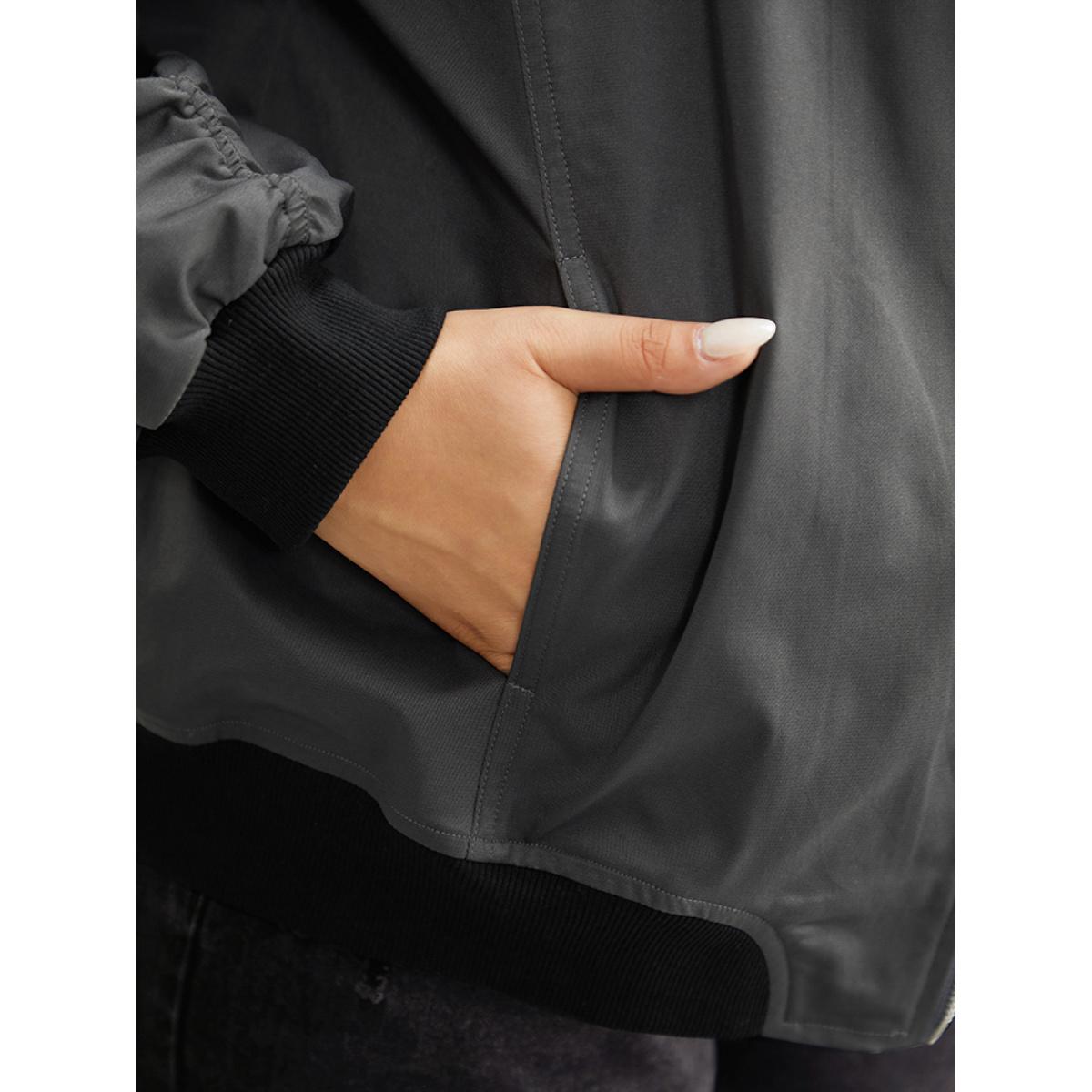 Plus Size Plain Pocket Patchwork Zipper Bomber Jacket Women DimGray Elastic cuffs Pocket Everyday Jackets BloomChic 12/L Product Image
