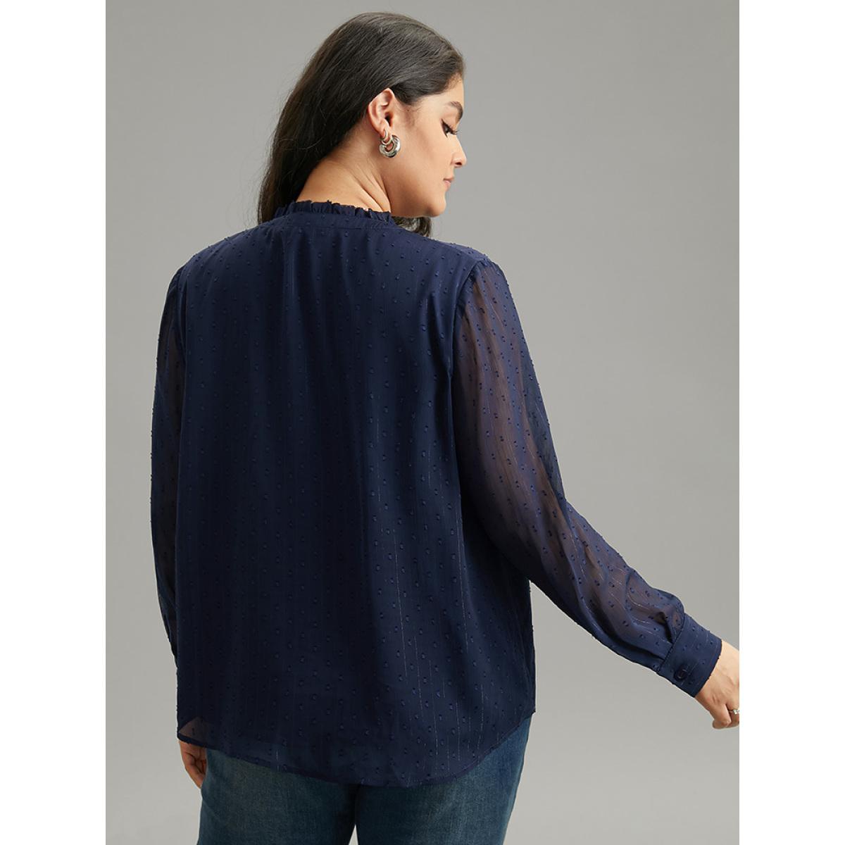 Plus Size Indigo Guipure Lace Mesh Button Through Blouse Women Elegant Long Sleeve Stand-up collar Dailywear Blouses BloomChic 14-16/1X Product Image