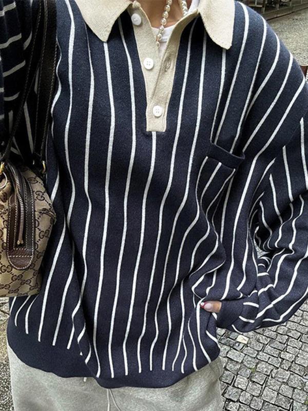 Striped Polo Neck Loose Oversized Long Sleeve Product Image