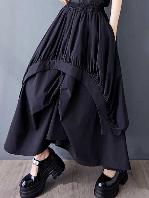 A-Line Loose Asymmetric Elasticity Pleated Pockets Solid Color Skirts Bottoms Product Image