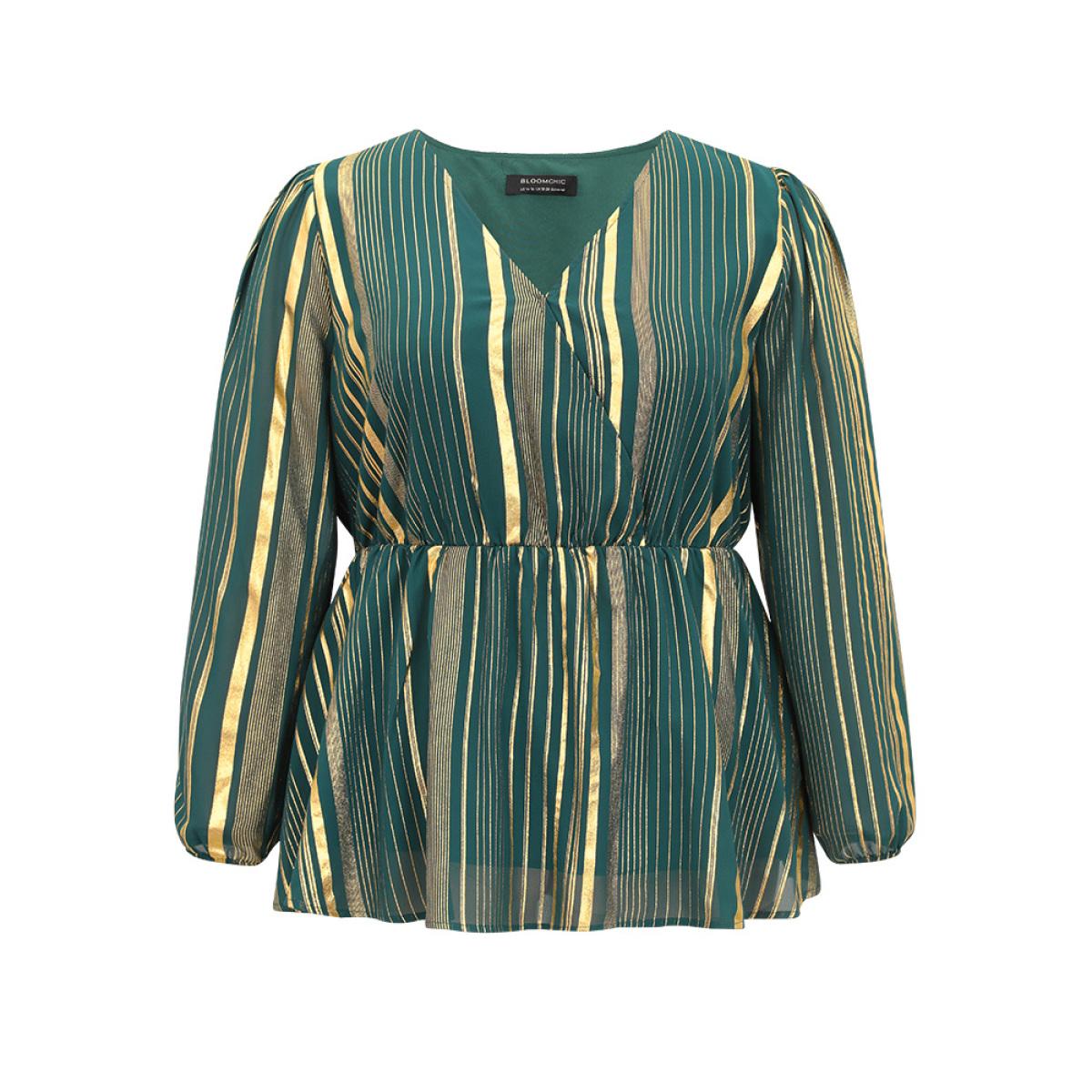 Plus Size ArmyGreen Glitter Striped Surplice Neck Blouse Women Glamour Long Sleeve V-neck Festival-Christmas Blouses BloomChic 28/5X Product Image