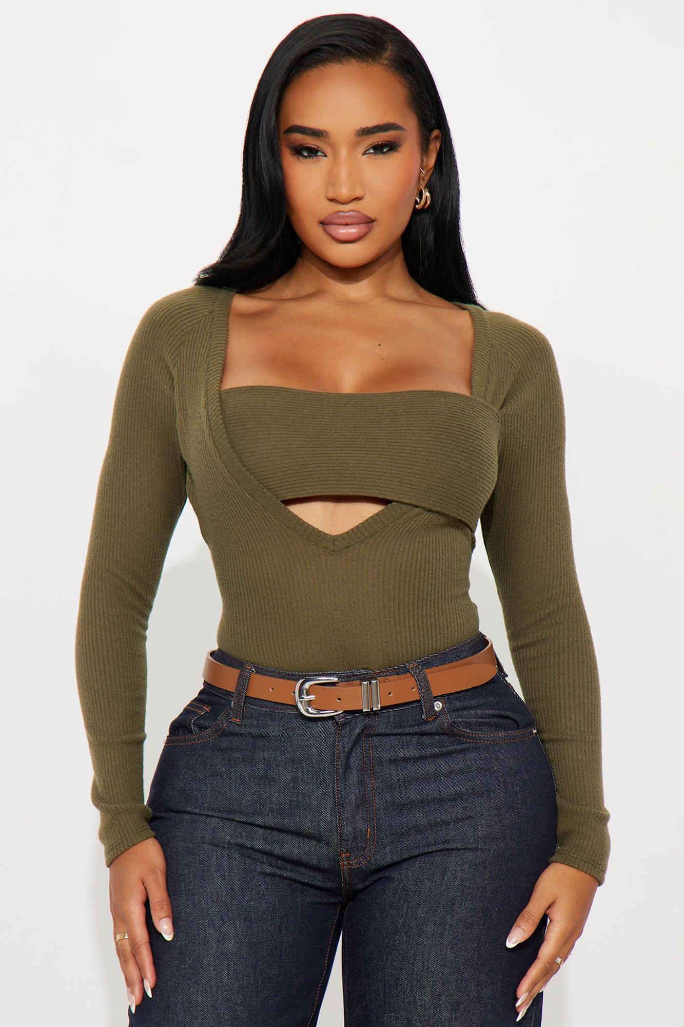 Jean Long Sleeve Ribbed Bodysuit - Olive Female Product Image