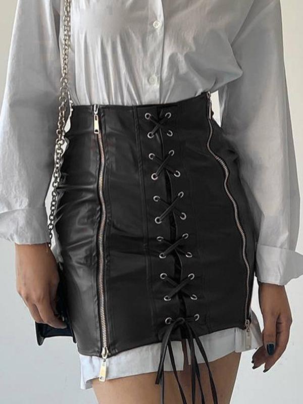 Double Zip Eyelet Tie Up Leather Mini Skirt Product Image