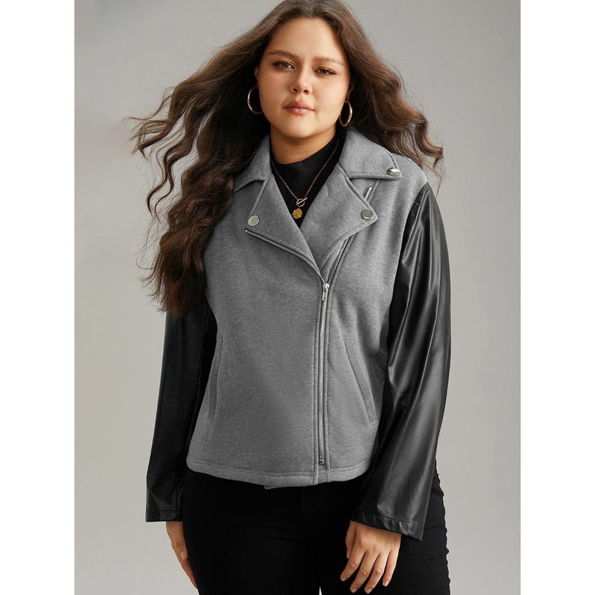Plus Size PU Leather Zipper Contrast Button Detail Jacket Women Black Contrast Pocket Dailywear Jackets BloomChic 26/4X Product Image