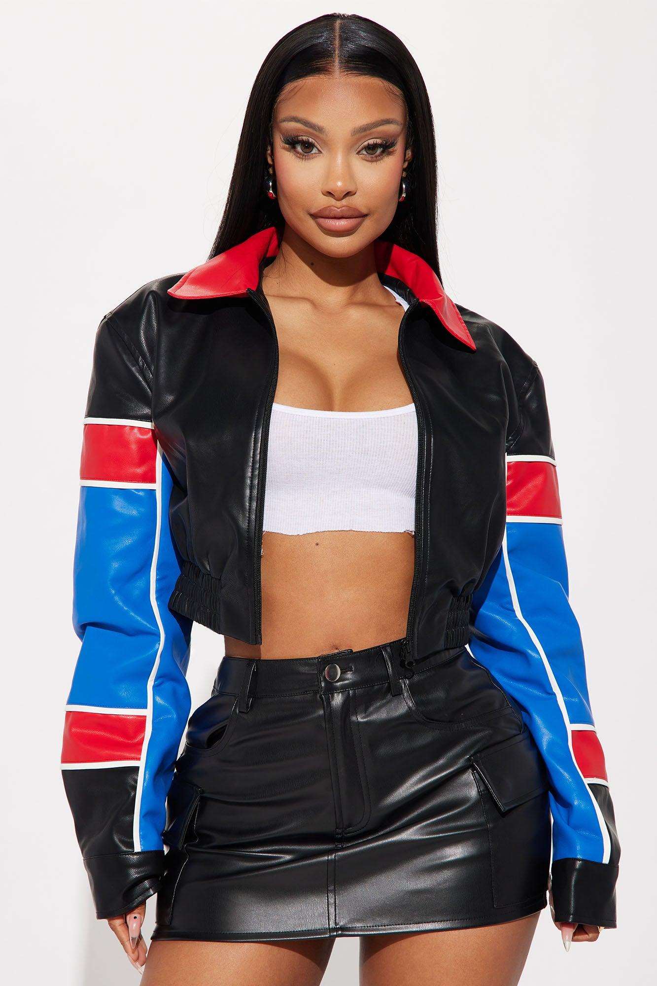 Race Day Fitted Faux Leather Jacket - Blue/combo Female Product Image