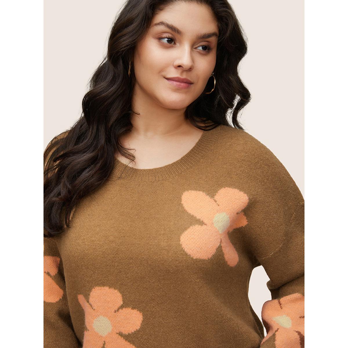 Plus Size Supersoft Essentials Drop Shoulder Floral Jacquard Pullover Chocolate Women Casual Loose Long Sleeve Round Neck Dailywear Pullovers BloomChic 18-20/2X Product Image