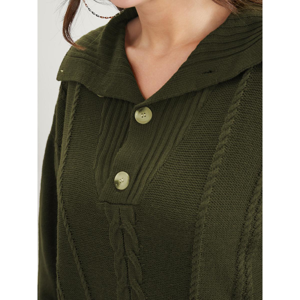Plus Size Solid Pointelle Knit Button Lapel Collar Cable Knit Top DarkGreen Women Elegant Long Sleeve Lapel Collar Dailywear Pullovers BloomChic 10/M Product Image