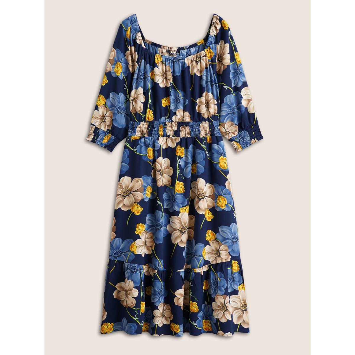 Plus Size Floral Print Square Neck Shirred Cuffs Dress DarkBlue Women Elegant Non Square Neck Elbow-length sleeve Curvy Midi Dress BloomChic 28/5X Product Image