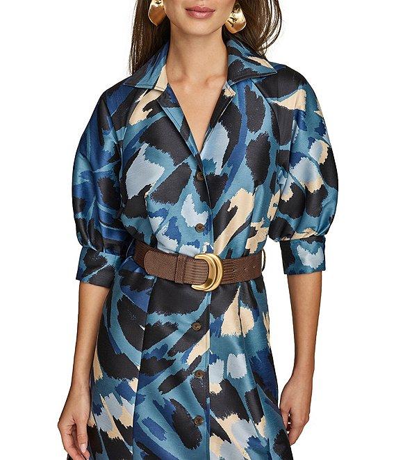 Donna Karan Collared Puff Elbow Sleeve Belted Dupioni A-Line Midi Dress Product Image