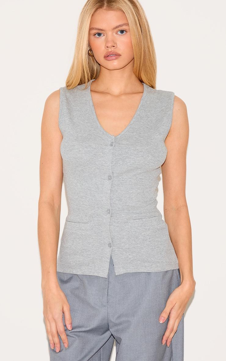 Grey Ribbed Knitted Sleeveless Vest Product Image