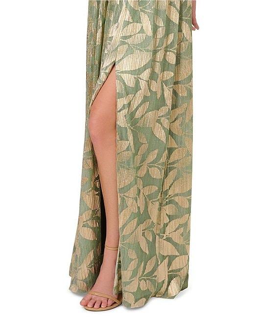 Adrianna Papell Foiled Knit Leaf Print Off-The-Shoulder Neck Sleeveless A-Line Gown Product Image